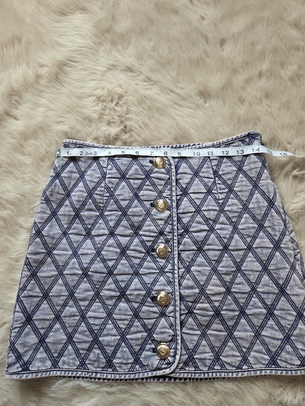 cinq a sept Light Blue Quilted Diamond-Pattern Mini Skirt with Gold Buttons - Picture 3 of 7